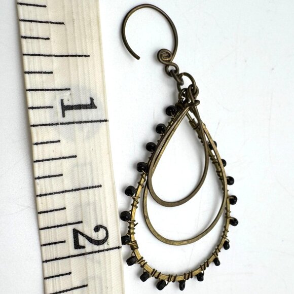 Handmade Nepal Brass Black Bead Teardrop Dangle Earrings Wire Wrapped Accents - Picture 3 of 6